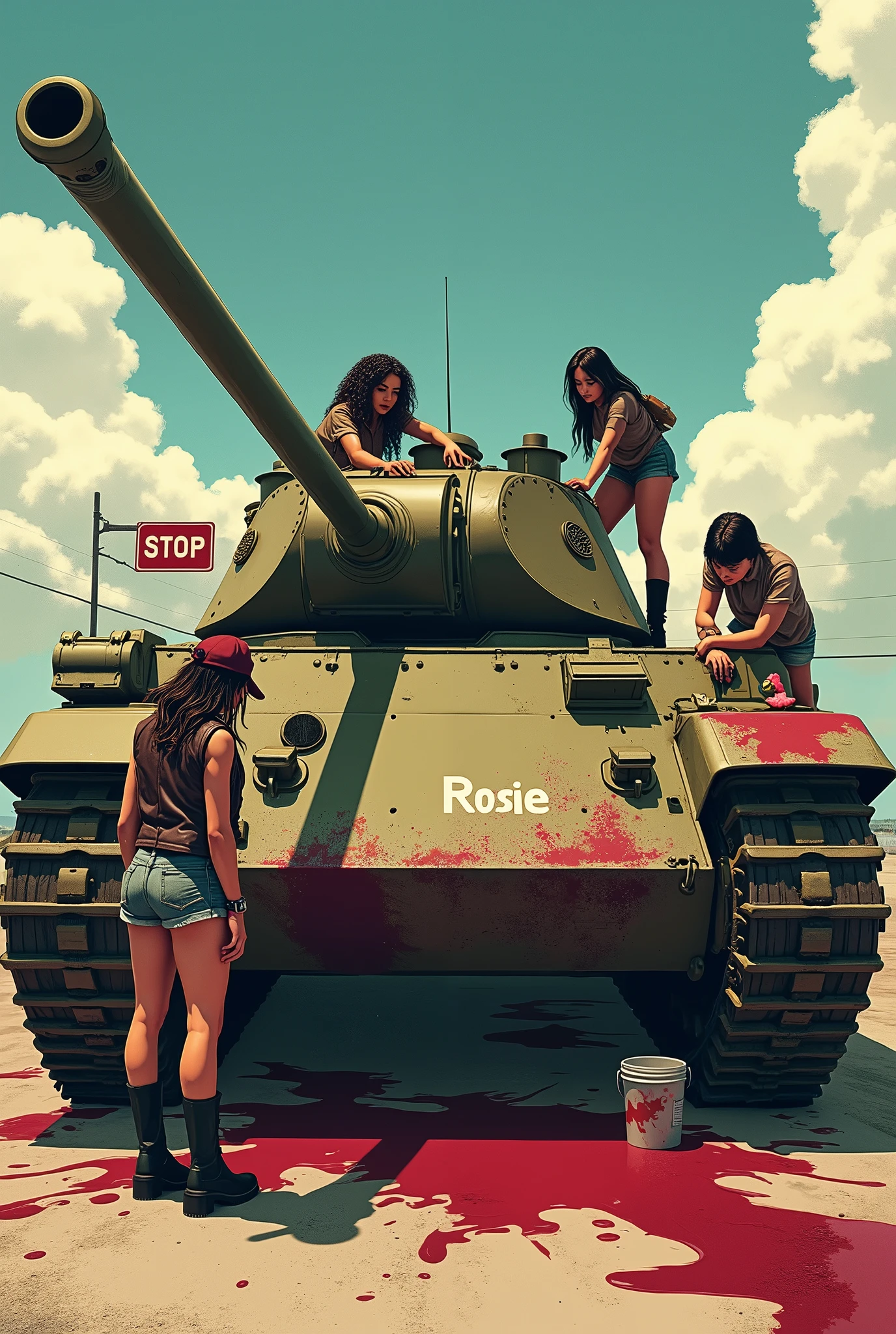 Four beautiful women are cleaning a huge, worn-out military tank covered in blood stains. They are scattered around the machine: A woman is lying on top of the tank, Another is leaning forward cleaning one of the stains, while two more stand on the sides, working with sponges and buckets of water. The women wear combat boots and display different skin tones and hair styles., while one of them is wearing a leather jacket and a military cap, sitting casually on top of the tank watching the others. The tank has the name 'Rosie' written on its side, and the scene has a sunny background with fluffy clouds and a bus stop sign in the background, adding a surreal and provocative tone to the scene