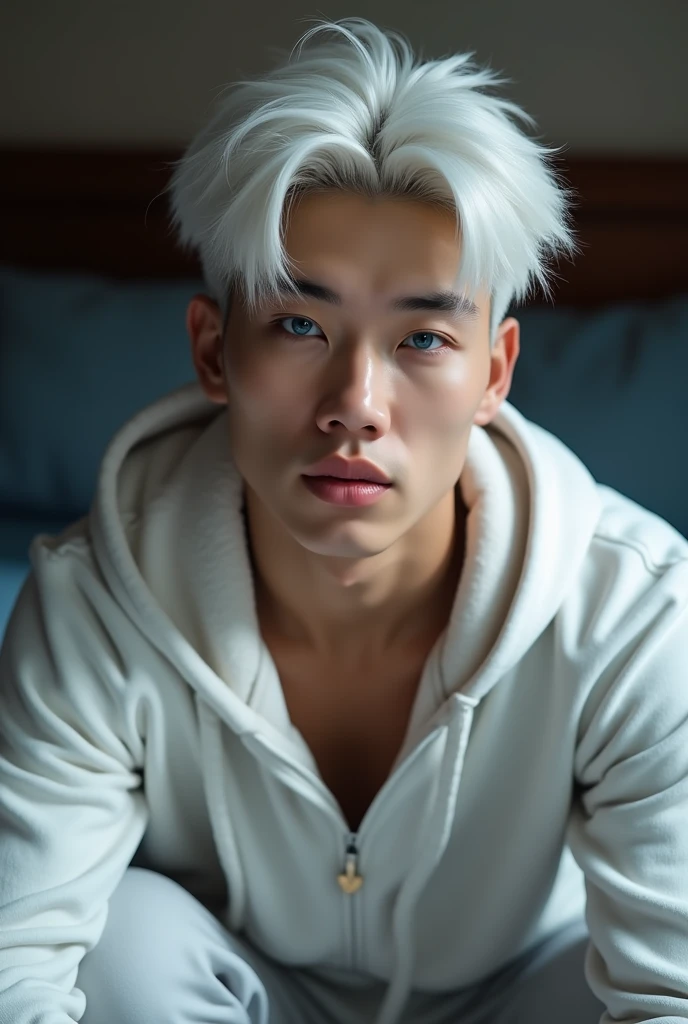 (photorealism:1.2) hot young man, no facial hair, asian, perfect face, pale white skin, blue eyes, white hair, fluffy hair, sleek hair, handsome man sitting on be in oversized hoodie, half foreign man
