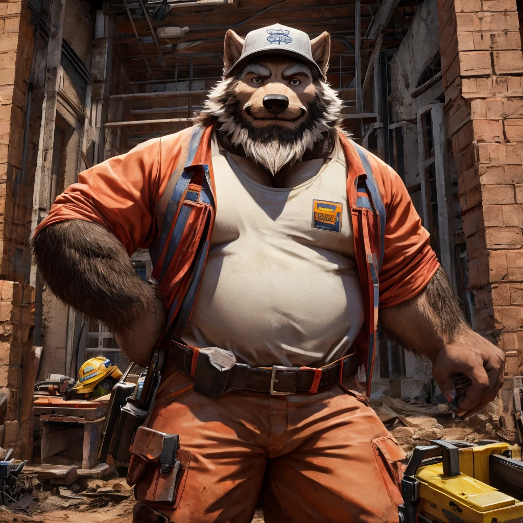 ((Best quality)), ((Masterpiece)), (Very detailed), ((4K)).

The only person，white wolf male，construction workers，He is 40 years old.，bearded