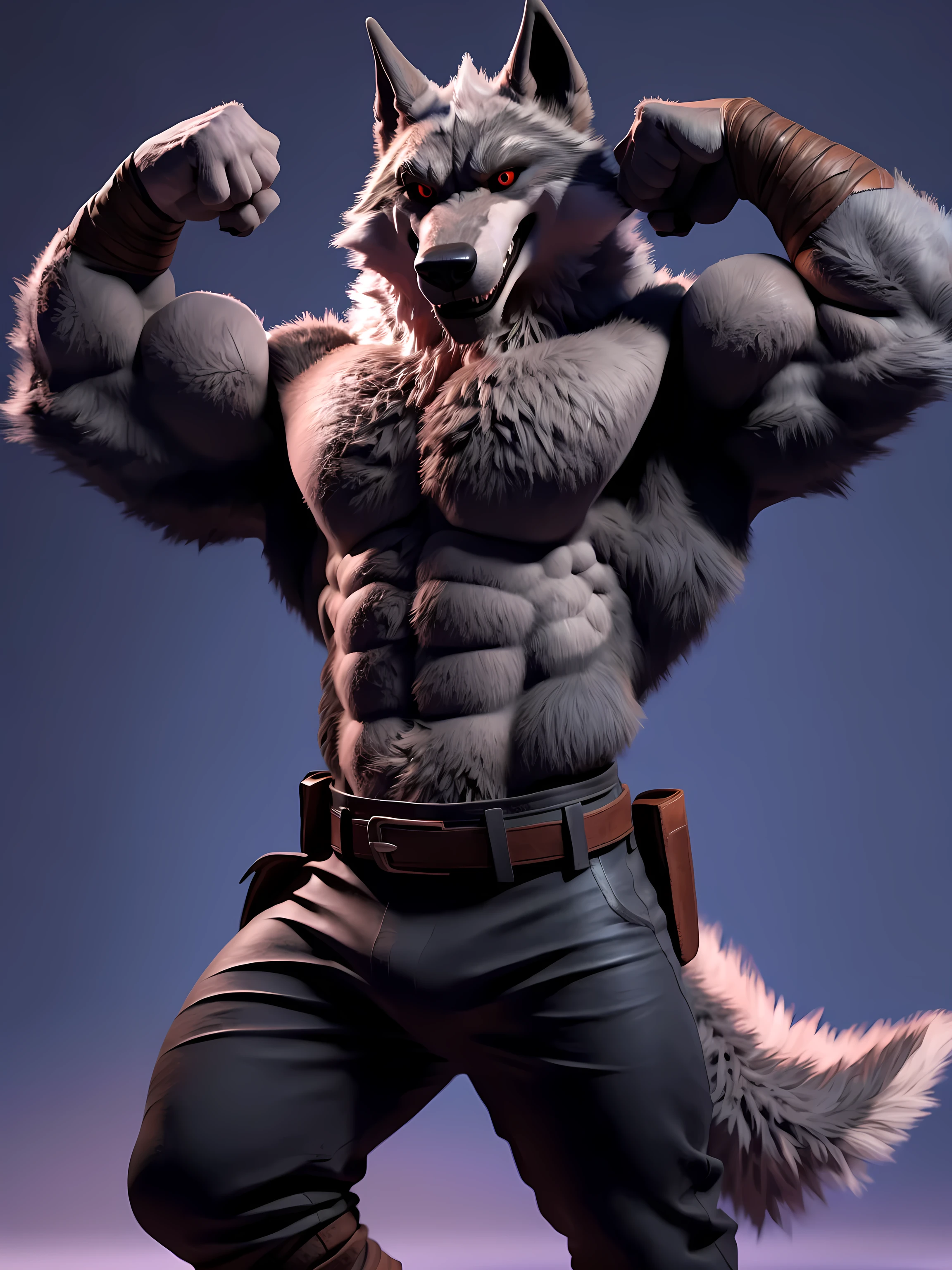 death (puss in boots), deathwolf, very muscular, correct anatomy, correct proportions, correct muscles, simple background, flirting, posing, sexy, half body, upper body, correct lighting, correct shadows, red eyes, black sclera, detailed, high quality, best resolution, by kyuuhari, by taran fiddler, by kusunagi, 3d render, 3d figure, cgi render, realistic, pants, belt, flexing bicep, flexing arms, flexing muscles