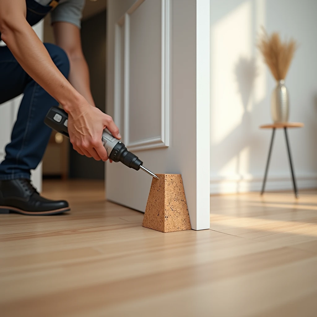 A realistic and professional scene showing the installation of a small door stopper designed to look like a champagne cork standing vertically on a laminate floor. The setting is a modern, well-lit home interior. The cork-shaped stopper is positioned behind an open door, perfectly placed to prevent the door from striking the wall. A skilled worker, dressed in professional work attire, is carefully securing the small, vertically-standing cork stopper into the laminate floor using tools such as a drill or screwdriver. The close-up shot emphasizes the unique appearance of the stopper and the precision of the installation. The background features the door, the clean laminate flooring, and the nearby wall, highlighting the stopper’s function in protecting the wall from damage while adding a touch of creativity to the space.