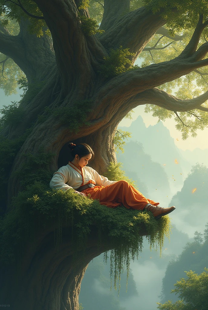 Fantasy world, a young Chinese warrior who secretly sleeps on the branches of a large tree.