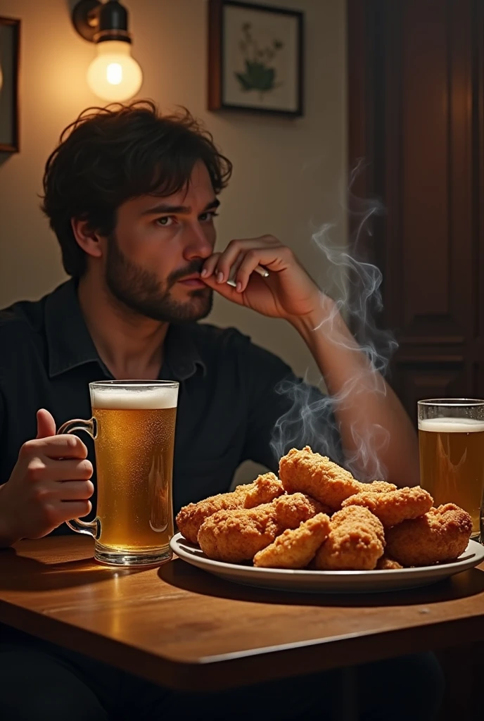 cigaratte beer and chichek fry in table
