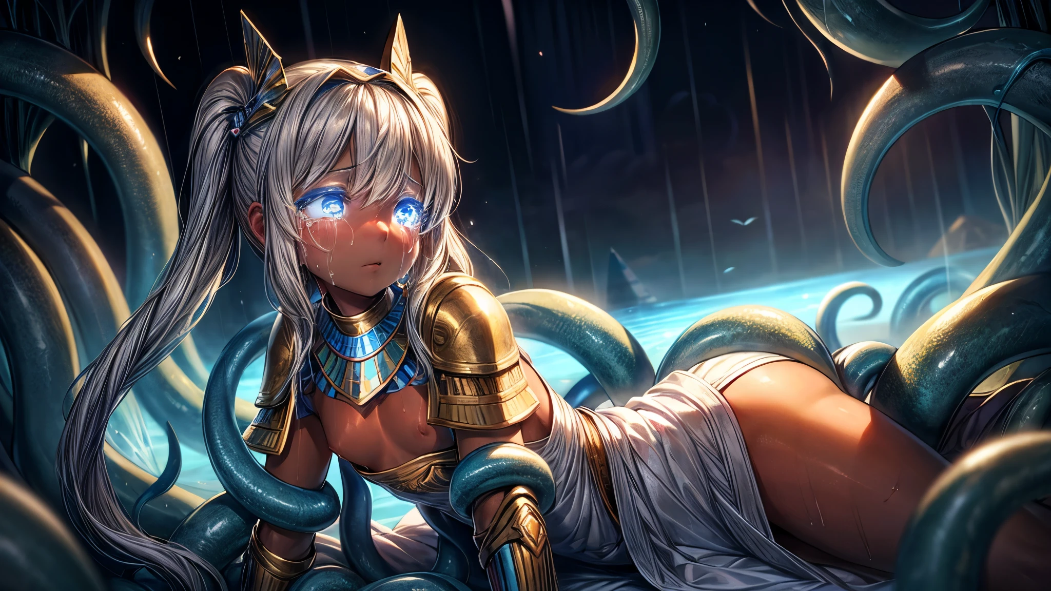High resolution, masterpiece, Highest quality, Textured skin, Plump Skin, Glowing Skin, girl, Just One, Brown Skin, White Hair, White eyelashes, Small breasts, human, Royalty, Crescent-shaped earrings, Egyptian ornaments, Flying in the air, dress, armor, Low exposure, adult, around 20 years old, Crying out loud, Crying, Surrounded by sadness, Big tears, Twin tails, In the heavy rain, Egyptian-style tentacles growing out of it, Light blue tentacles, Being caressed by tentacles, Tentacles and friends, deep sea