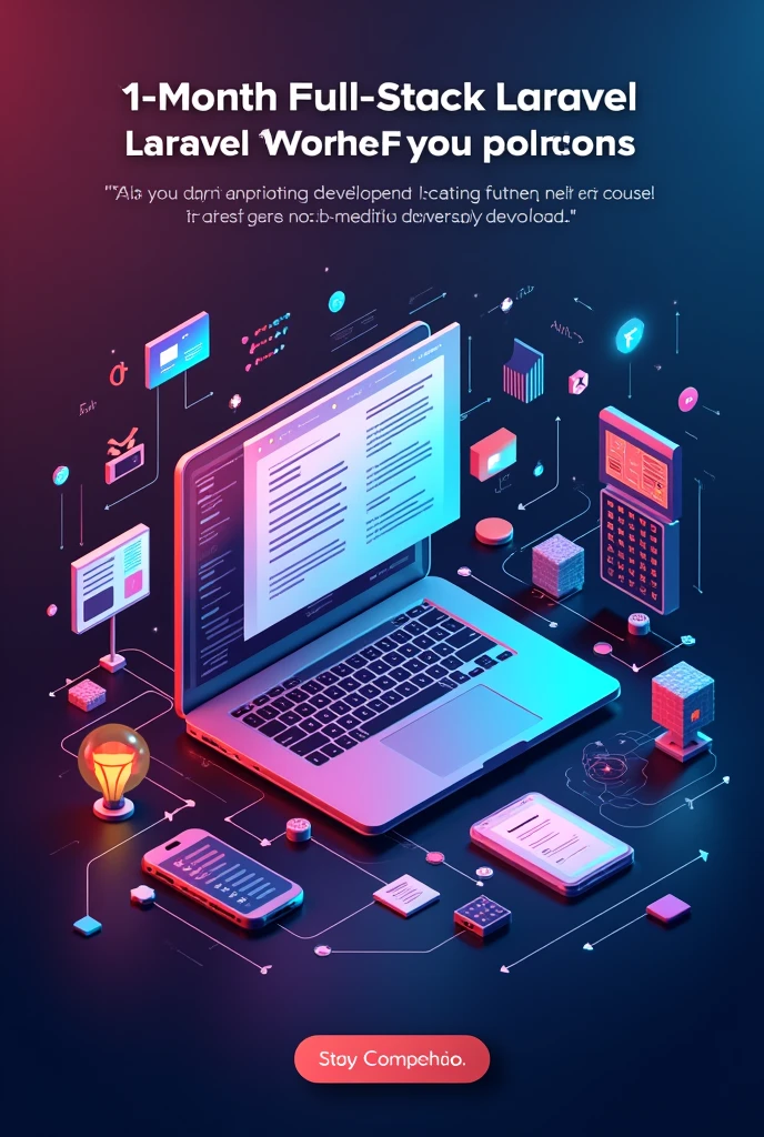 ### **Poster Requirements:**
1. **Title:** "Successfully offered a Completed a 1-Month Full-Stack Laravel Development Course!"
2. **Subtitle:** "Empowering Future Web Developers"
3. **Course Duration:** One month of intensive learning.
4. **Key Topics:** Front-end development, back-end with Laravel, database management, and full-stack integration.
5. **Outcome:** Participants are now skilled in building dynamic web applications.
6. **Visual Elements:**
- Background with coding or Laravel visuals.
- Image representing the completion of the course (e.g., a calendar or certificate).
7. **Testimonial:** A positive quote from a participant.
8. **Footer:**
- Call to action (e.g., "Stay tuned for more courses!")