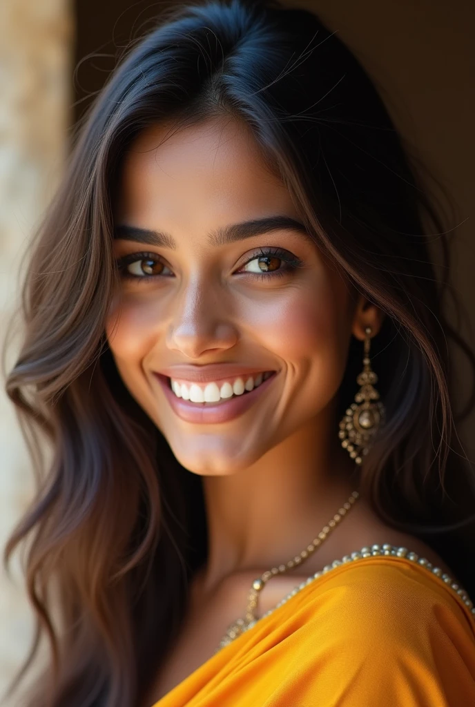 There is a young, Beautiful indian woman, who looks to the future like Katrina Kaif, Smiles into the camera, beautiful teeth, She looks into the camera, a portrait from raw photo, body, conservative modern color dress, (hair Shag Cut), 
