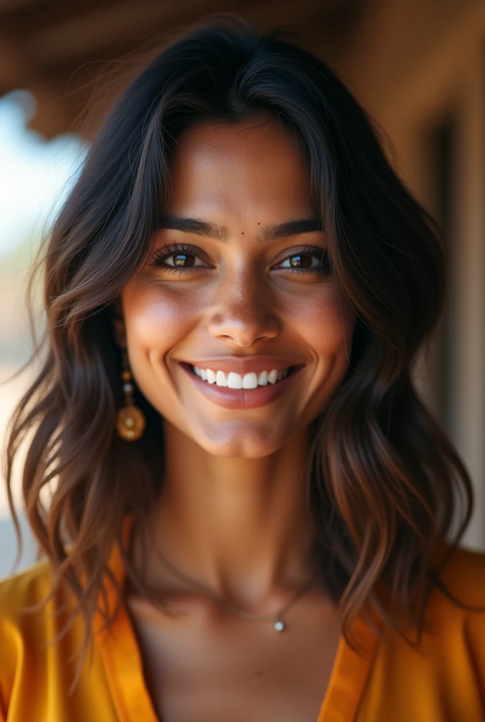 There is a young, Beautiful indian woman, who looks to the future like Katrina Kaif, Smiles into the camera, beautiful teeth, She looks into the camera, a portrait from raw photo, body, conservative modern color dress, (hair Shag Cut), 
