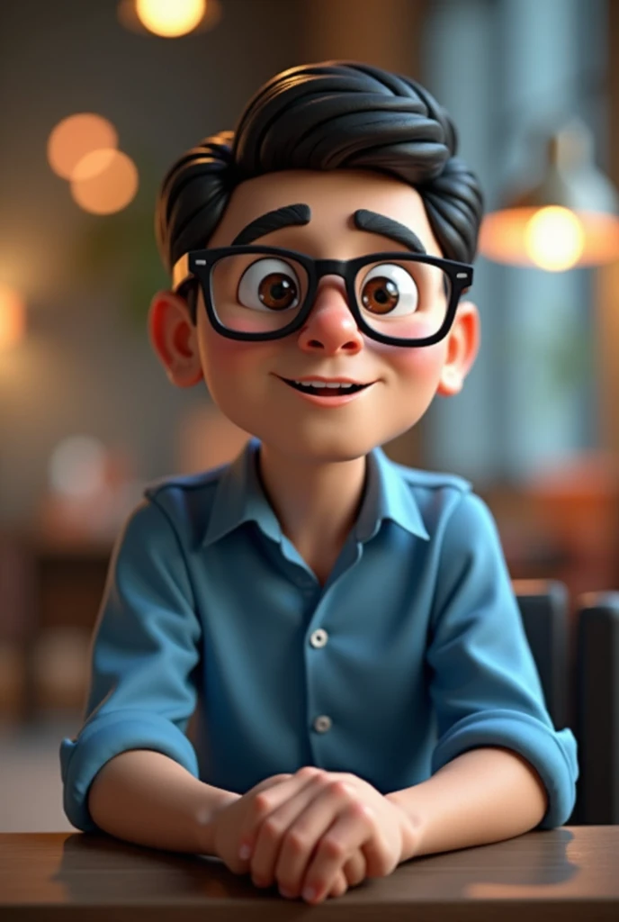 Cartoon character of a man in black glasses and blue shirt, an animated character, stylized character, animation style rendering, 3d stylized, Arnold Maya rendering, Stylized 3D rendering, toon render screenshot, 3d character, 3d character, Stylized 3D rendering, 3D character rendering, cartoon character, Personagem de close up, character posing, (Pixar-style) (master part:1.2) (bokeh) (best qualityer) (skin detailed) (detailed texture) (8k) (Argilla) (cinematic lighting) (sharp focus,Sit down and lift your upper body