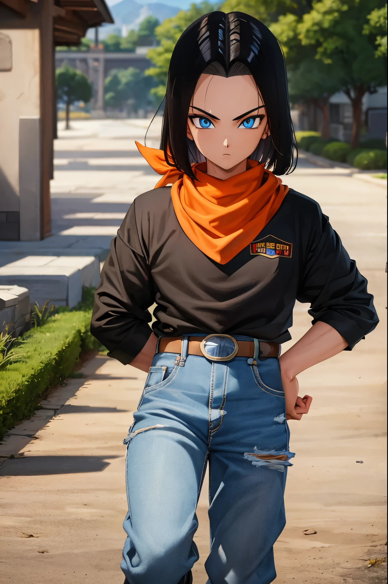 A masterpiece, best quality, detailed and expressive eyes, perfect facial features, high resolution, 1 boy, alone, android 17-inspired boy, (male body:1.3), blue eyes, black hair, parted hair, short hair, black shirt, jeans, layered shirt, white sleeves, orange bandana, blue sneakers, green socks, brown belt, red freckles, outdoor, landscape, standing, portrait, looking at viewer