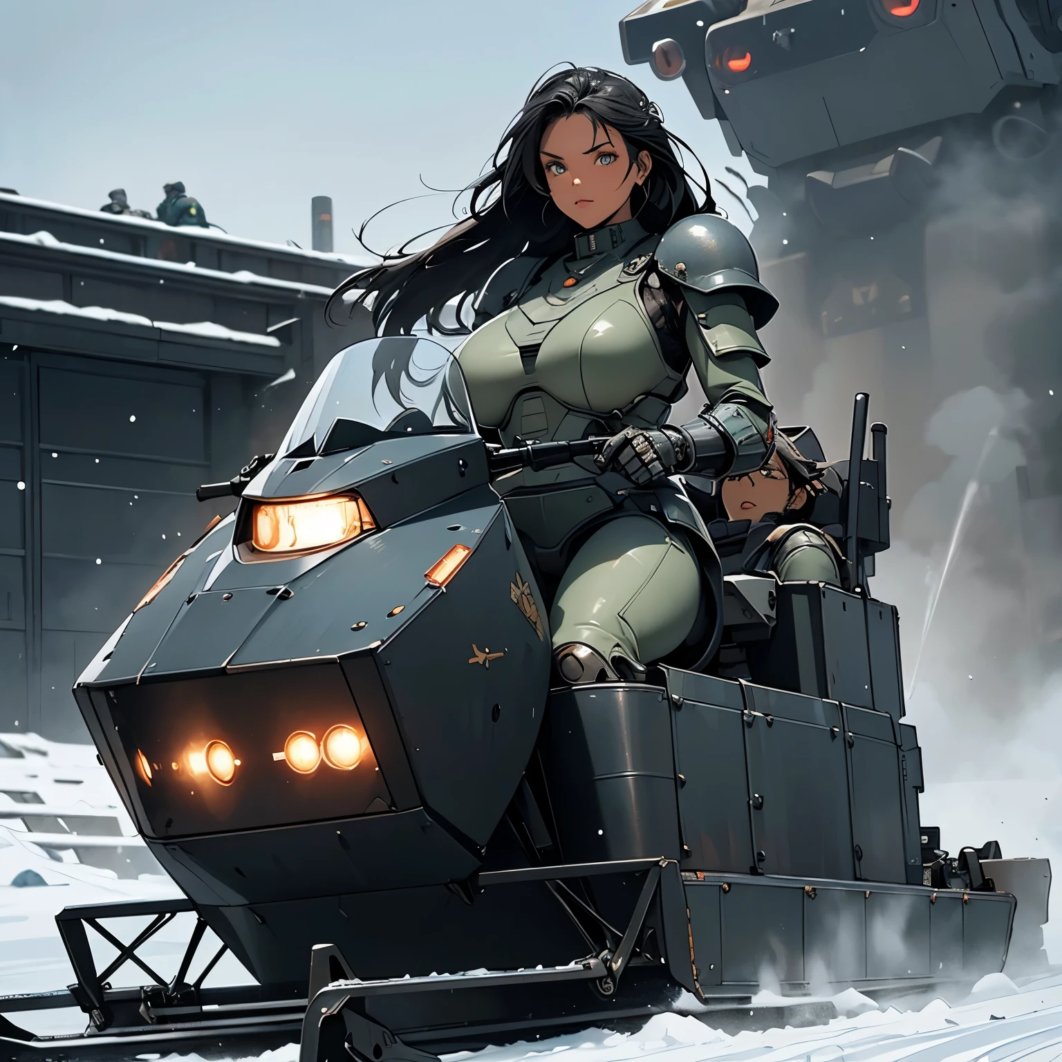 nsfw, anime screencap, 16K, perfect anatomy proportion body, perfect hands, action, A dynamic composition with a sense of speed and movement, (open cockpit, Ride a heavily armored steam-powered military snowmobile:1.6), a wife, 40age, perfect beautiful delicate sexy face, perfect beautiful delicate eyes, braid-in-braid black hair, (dark skin:1.6), huge breasts, abs, Camouflage-colored heavy armored steam engine full armor powered suit, Many heavily armored robot soldiers are engaged in a firefight in the background., Flying bullets, Snowy Battlefield, war, Post-apocalyptic,