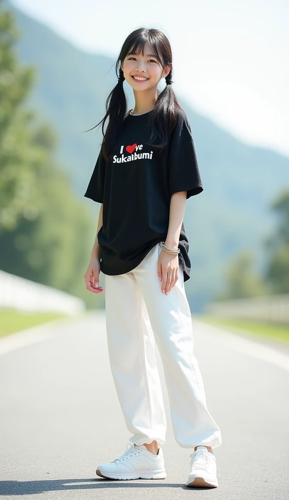 Hyper realistic photography, a beautiful korean girl, "Twintails black hair", was standing on the side of the road, wearing a black oversize t-shirt with writing "I love Sukabumi", wearing white pants, wearing white compass shoes, happy smiling, wearing a bracelet, plain white background, realistic highly detailed objects, looks real and clear, bright background not blur, natural 3D, 8k ultra hd