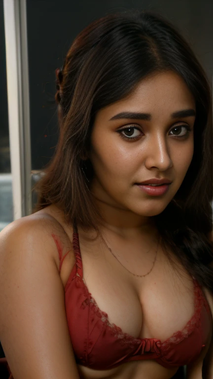 Half body portrait of anikhas,, unreal, wearing a red bikini, private moment with her bf,full sized image, ((french braid hair)), selfie point of view, chubby face, (selfie point of view), anikhas perfect face, black hair,(( trimmed thin eye brows)), beautiful face, combed hairn, top down view