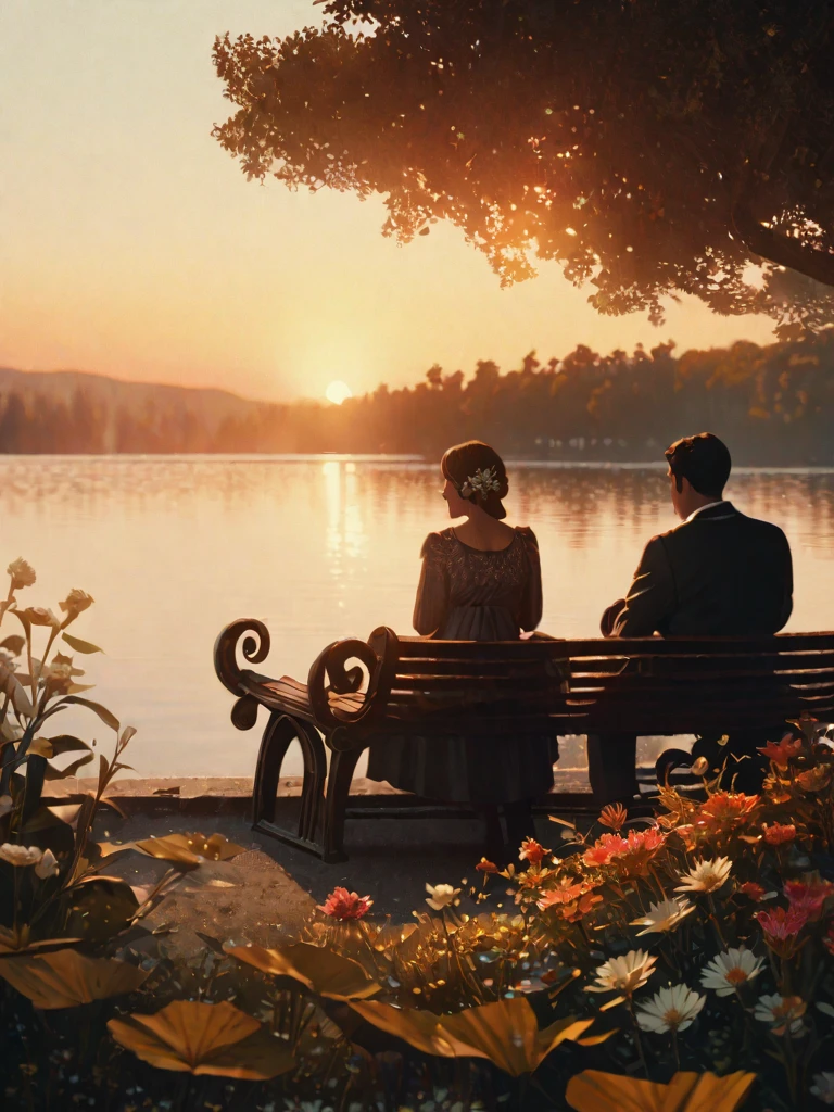 a romantic couple sitting together on a park bench, golden hour sunset, serene lake in the distance, intricate leaf and flower details in the foreground, cinematic mood, highly detailed, photorealistic, 8K, masterpiece