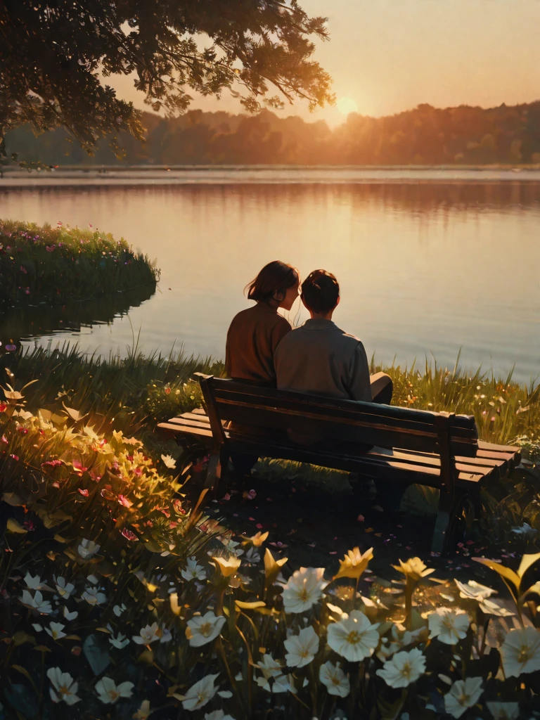 a romantic couple sitting together on a park bench, golden hour sunset, serene lake in the distance, intricate leaf and flower details in the foreground, cinematic mood, highly detailed, photorealistic, 8K, masterpiece