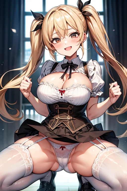 Oktoberfest、Squatting and spreading legs、Skirt flip、blonde、Long twin tails、smile、Big Breasts、Open chest、、Panty shot、White lace panties、garter belt