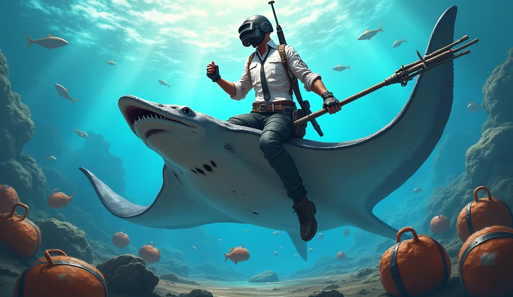 I want a thumbnail for you tube of bag rounds of see and fishes and stingray and a pubg character which ride on stingray and pubg character hold a trident in his hand write live in bottom corner