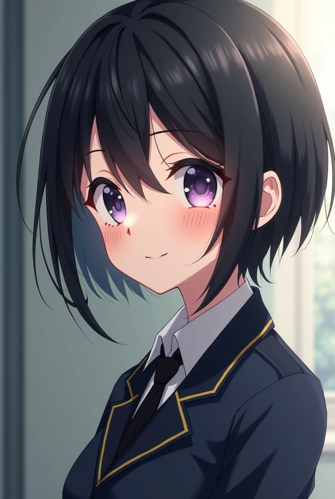 Seventeen years old girl. Height school girl. Mukuro is a caring, gentle person despite being the "Ultimate Soldier". Shy smile and blush. Mukuro Ikusaba stands at a height of 169 cm, the same height as her sister, Junko. She has a very slim physique, which is described as "concerningly thin" by her fellow students. Her physique was also described as "athletic" by observations made by some fellow peers, although said athleticism is not visually depicted in her artwork or sprites. Her complexion features fair skin with freckles adorning the bridge of her nose, and her distinctive purple-grey eyes are captivating. Mukuro's short black hair is fashioned into a stylish bob. She wears a military moro uniform. Shy smile and blush. 