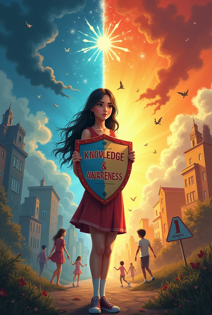 Create a landscape poster or easy drawing showing a Grade 10 beautiful woman student standing in the center, holding a shield labeled 'Knowledge & Awareness,' protecting their family behind them. On the left side, depict the symbols of quackery such as fake medicine bottles, a snake oil bottle, false advertisements, and dark clouds. Arrows from the quackery side are being deflected by the shield. On the right side, show positive actions such as reading a book titled 'Health Facts,' a family member consulting a doctor, and a red cross over fake products. Use dark colors for the quackery side and bright colors for the positive side. At the bottom, include the slogan 'Stay Informed, Stay Safe.