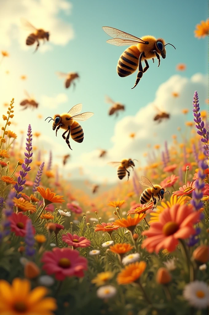 Bees flying in a full of flowers and airdrops with them