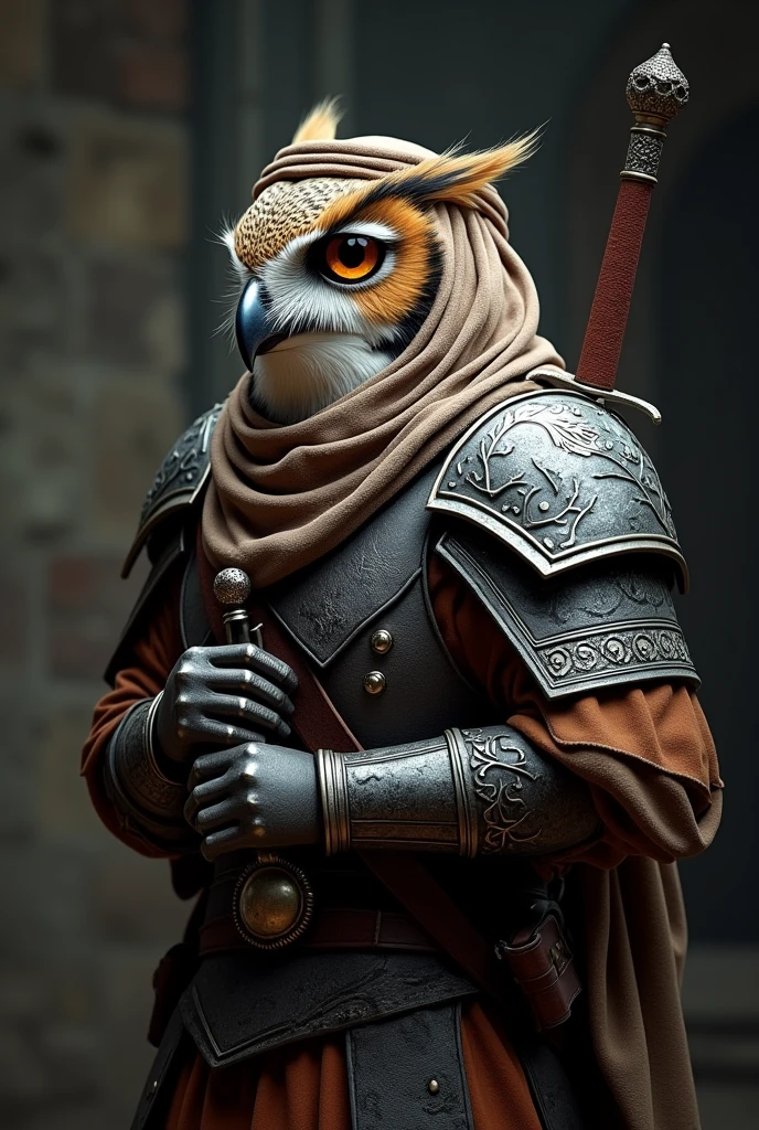 The image shows an owl dressed as an Arab warrior., (((Wearing a roll of Arab rag on his head))), ((( And in his hand the Damascus sword))), Facing right with head tilted slightly upwards. He wears detailed armor resembling traditional Arab armor., Complete with intricate designs and patterns.. The shields are primarily black with silver accents., Adding visual depth., His eyes focused on something in the distance.. Sheathed sword on the back of the owl, indicating readiness for battle or a celebratory posture., Create a dramatic and intense atmosphere., Retina, precise, Masterpiece, Superior detail, High detail, Best quality, Award winning, High accuracy, High resolution, 4K, 8 k, 16 kg, Retina, precise, Masterpiece, Anatomically correct, Textured leather, Superior detail, High quality, Award winning, High accuracy, 8 k, 16 kg