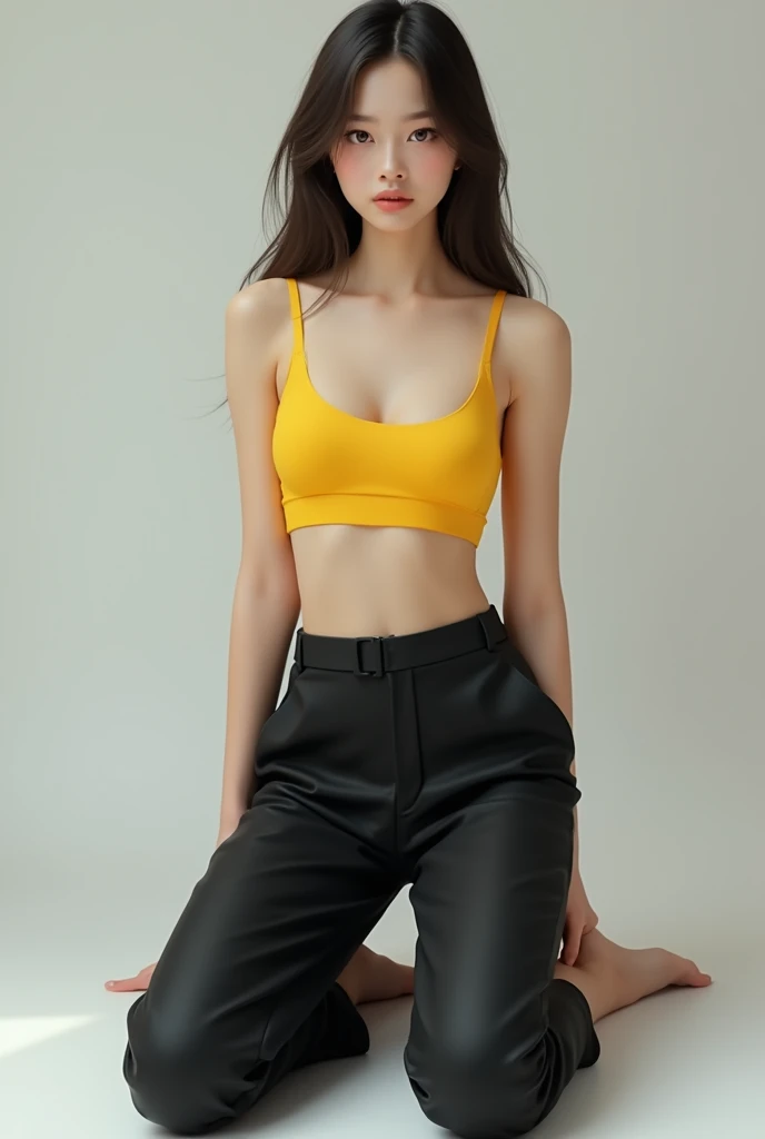 (photorealism:1.2),young girl,legs streched,black trousers,yellow bra,flatten chest