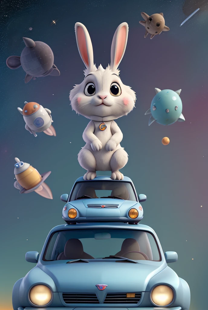 A rabbit with legs on top of a car in space 