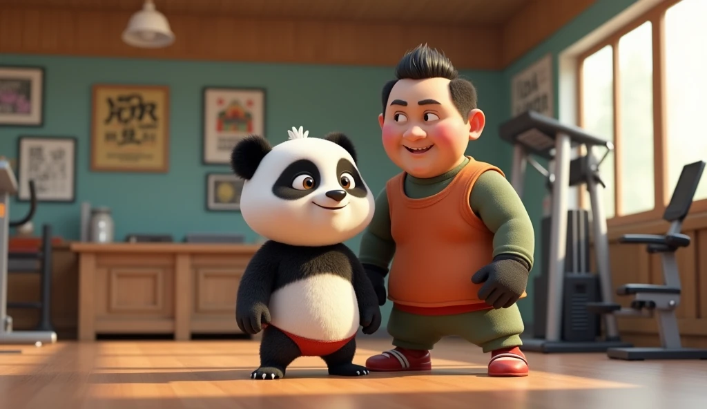 A 3d animated movie shot. Pandu, a young panda, is seen looking very chubby Pandu’s father is seen enrolling Pandu in a gym, looking determined and supportive. Pandu, dressed in gym clothes, appears a bit unsure or nervous but is ready for the new challenge. The gym setting includes exercise equipment and motivational posters on the walls. Pandu's father might be pointing towards a treadmill or weights, showing a guiding, encouraging gesture. The atmosphere should be positive and encouraging, highlighting Pandu’s new adventure towards a healthier lifestyle