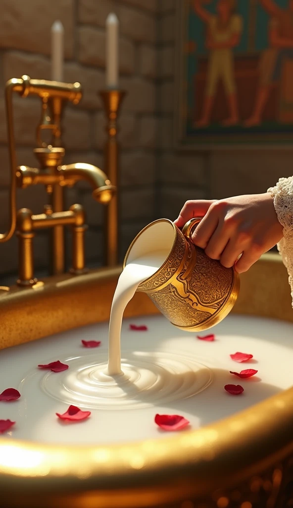 A close-up of Cleopatra’s hands as she pours a jug of donkey’s milk into a golden, intricately carved bathtub. White milk swirls with floating rose petals, and the lighting is soft with warm tones. The scene is set in an opulent Egyptian palace with stone walls decorated with murals of ancient Egyptian gods, evoking a luxurious and historic feel.