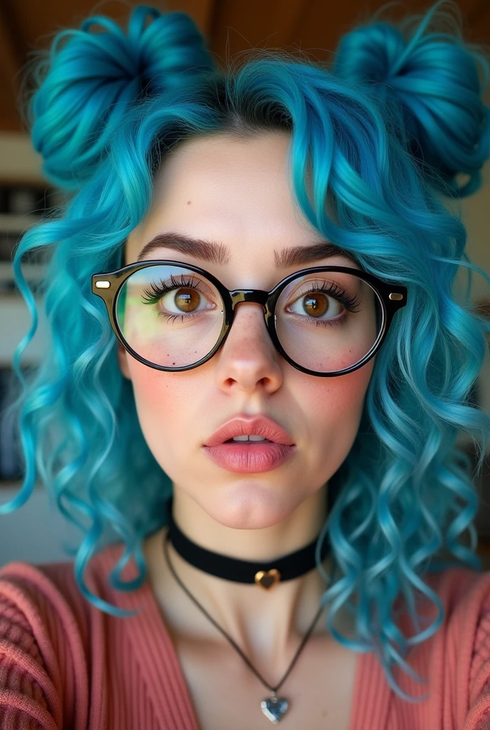 She’s a young woman with vibrant blue curly hair styled in two ponytails, brown eyes, circular glasses, in the selfie. She has lots of freckles.Freckles dot her cheeks, adding to her youthful charm. She wears a choker necklace that complements her confident and quirky vibe. • Hair: Her hair is blue and curly, with two buns positioned on top of her head, leaving the rest of her hair cascading down in loose waves. The vibrant blue color suggests a bold personality, possibly someone who enjoys standing out.
• Skin Tone: Her skin appears to be light with a warm undertone, and she has a natural, youthful complexion.
• Eyes: She has large, expressive eyes with thick, dark eyebrows that frame her face. The eyes are prominent, with a bright and lively appearance, indicating alertness and curiosity. Beautiful dark brown eyes.
• Freckles: A good amount scattering of freckles covers her cheeks and nose, giving her a playful and youthful appearance.
• Nose: She has a small, slightly upturned nose.
• Mouth: Her lips are full and slightly parted, which adds to her quirky and fun-loving demeanor. She has a septum piercing, a ring in the center of her nose.
Accessories:
• Jewelry: She wears a choker necklace with a pendant shaped like a heart. The choker adds a touch of edginess to her look.
• Piercings: Besides the septum piercing, she also has small hoop earrings in her ears.
Clothing:
• Top: She is wearing a loose, casual top that seems comfortable, fitting her relaxed and laid-back style. The color of the top is earthy, possibly a light brown or beige, complementing her vibrant hair and accessories.
Overall Vibe:
• Personality: The overall appearance suggests that she is confident, creative, and not afraid to express herself through her style. The playful expression, vibrant hair color, and choice of accessories hint at someone with a fun and energetic personality who enjoys being unique.