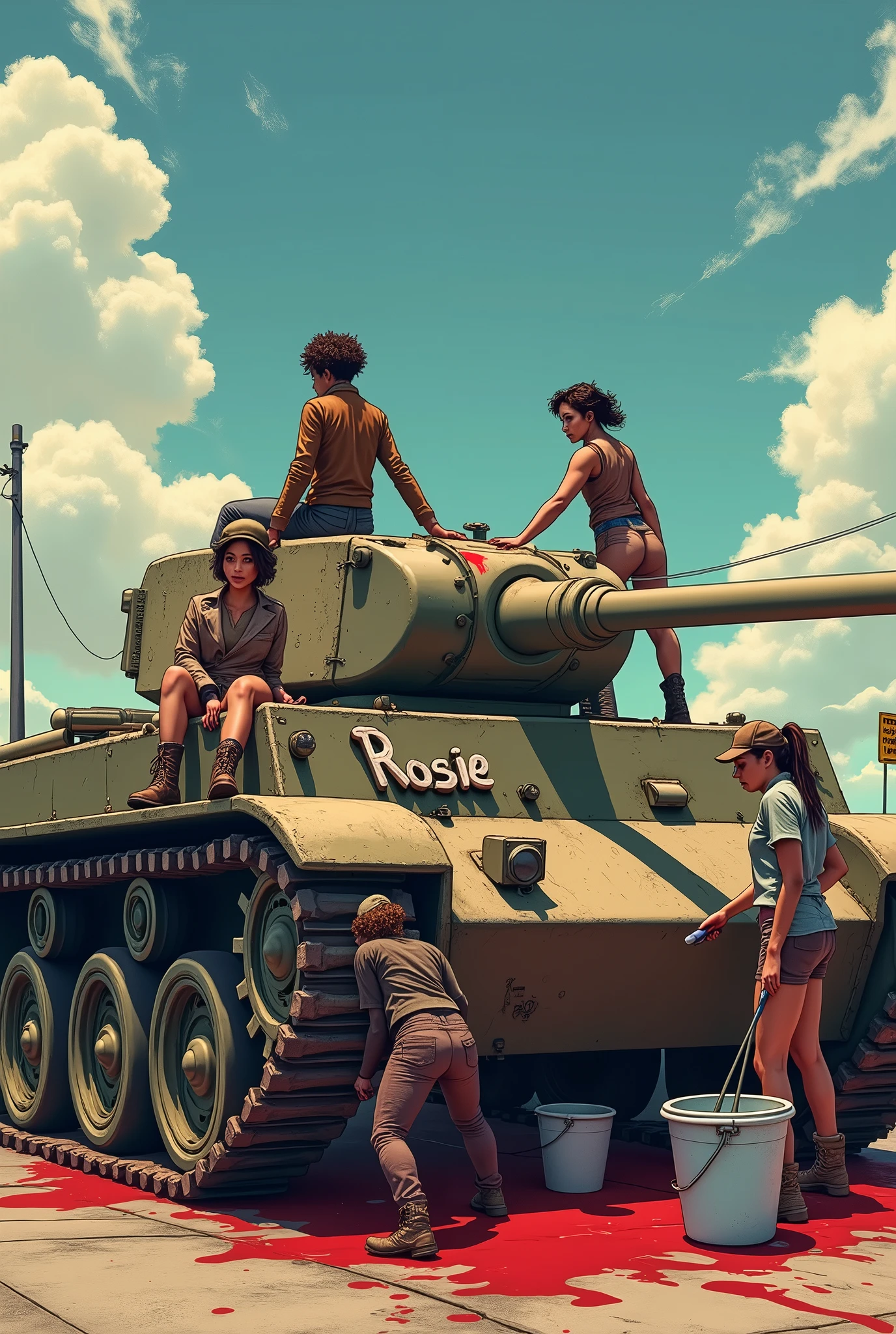 Four wet women are cleaning a huge, worn-out military tank covered in blood stains. They are scattered around the machine: A woman is lying on top of the tank, Another is leaning forward cleaning one of the stains, while two more stand on the sides, working with sponges and buckets of water. The women wear combat boots and display different skin tones and hair styles., while one of them is wearing a leather jacket and a military cap, sitting casually on top of the tank watching the others. The tank has the name 'Rosie' written on its side, and the scene has a sunny background with fluffy clouds and a bus stop sign in the background, adding a surreal and provocative tone to the scene