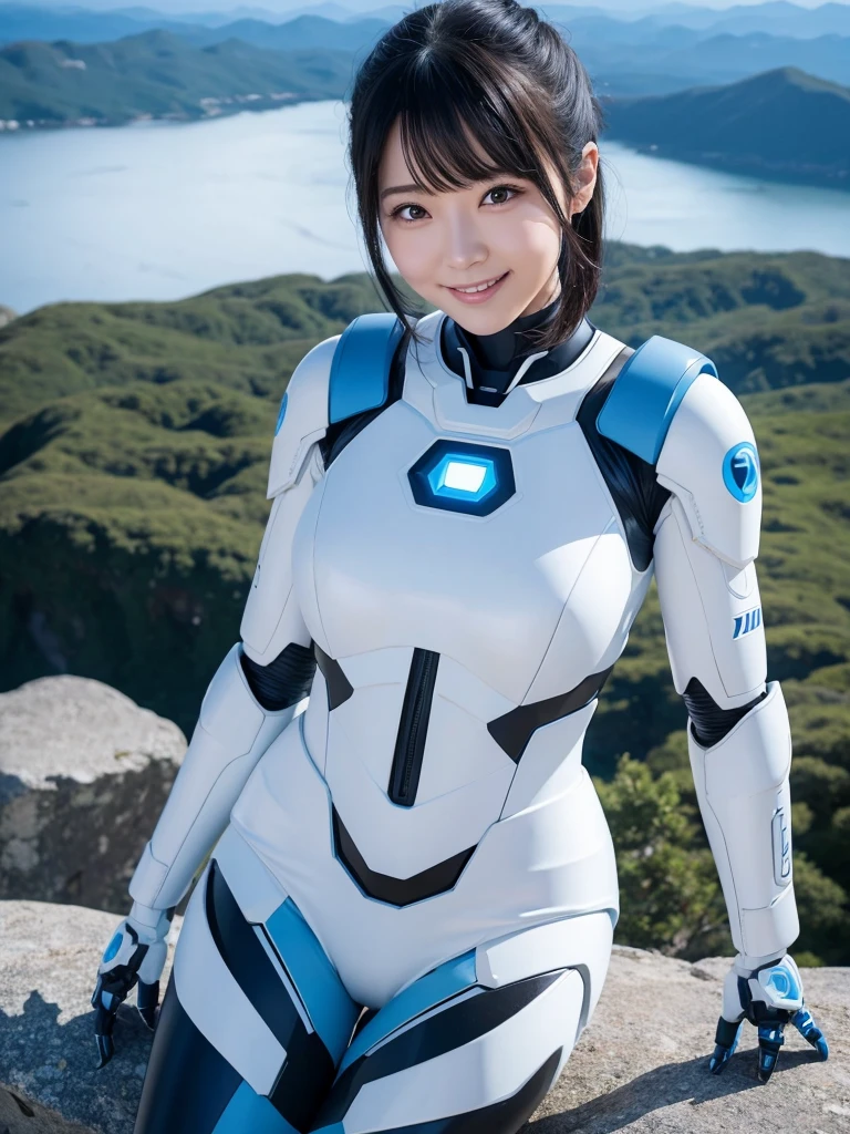 Japanese female android,Black Hair,White and blue robot suit,Plump,Standing on the summit of Mount Fuji in summer,Close-up,smile,