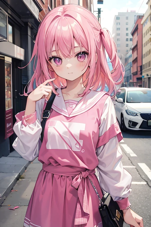 street snap(((masutepiece))),((ultra-detailliert,Best Quality)),fullllbody((Pink hair, Long hair,Straight hair,two side up)) (Green eyes),eyeshadows, eye line,gloweyes, ultradetailed eyes, intricate eyes, Beautiful eyes, ((Glowing pink pupils))18-year-old girl.A smile、(Wearing STUSSY)STUSSY