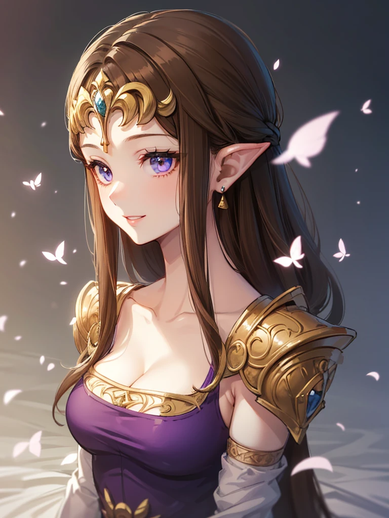 (((Face close-up))),((((Her hair is fluttering))))),(Expressionless),((((((Exposed shoulders)))))),((((Upper Body)))),((alone)),((side angle))),Anime art style,masterpiece,(Highest quality), (Super detailed),(Very delicate and beautiful),(((((Beautiful glossy lips))))),(detailedな顔と目),Beautiful eyes like jewels,(A truly gorgeous jeweled ruffled rococo ball gown dress),(((Mature Woman,Queen))),((1 Queen in a beautiful embroidery and jeweled absolutely gorgeous rococo ballgown dress with voluminous full length hoop skirt)),((crinoline)),,((Straight hair galore,Very long straight hair with plenty of volume,Super long straight hair)),,Cleavage,(bed),length_gloves,Very gorgeous hair accessories、((((front)))),((((Adult Expressions)))),((((Beautiful Face)))),((((dress)))),((Overhead Shot)),(((Long Hair)))),((((Straight hair)))),((Cleavage)),((((Dark brown hair)))),Princess Zelda,((chest is slightly exposed)), ((Highest quality)),,(Very detailed) ,((Purple Blouse)),((())),Brown Hair,(()),, ((Highest quality)), (Very detailed),((detailed)),(((smile))),Nintendo, The Legend of Zelda),,((alone)), ((Highest quality)), (Very detailed), ,