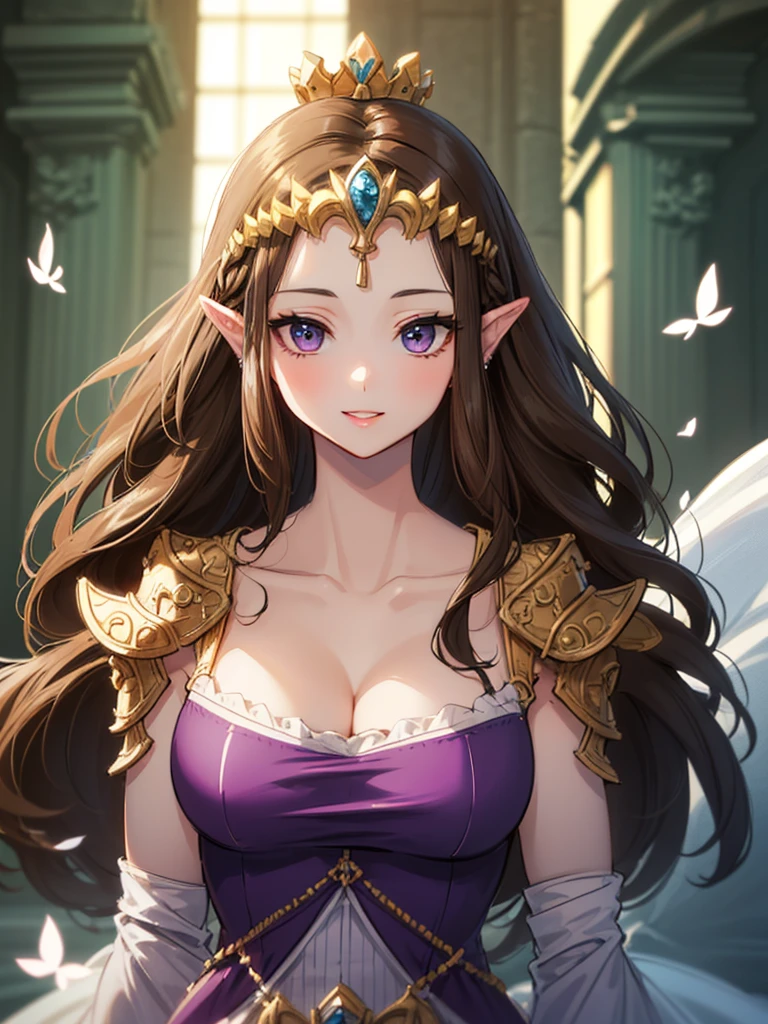 (((Face close-up))),((((Her hair is fluttering))))),(Expressionless),((((((Exposed shoulders)))))),((((Upper Body)))),((alone)),((side angle))),Anime art style,masterpiece,(Highest quality), (Super detailed),(Very delicate and beautiful),(((((Beautiful glossy lips))))),(detailedな顔と目),Beautiful eyes like jewels,(A truly gorgeous jeweled ruffled rococo ball gown dress),(((Mature Woman,Queen))),((1 Queen in a beautiful embroidery and jeweled absolutely gorgeous rococo ballgown dress with voluminous full length hoop skirt)),((crinoline)),,((Straight hair galore,Very long straight hair with plenty of volume,Super long straight hair)),,Cleavage,(bed),length_gloves,Very gorgeous hair accessories、((((front)))),((((Adult Expressions)))),((((Beautiful Face)))),((((dress)))),((Overhead Shot)),(((Long Hair)))),((((Straight hair)))),((Cleavage)),((((Dark brown hair)))),Princess Zelda,((chest is slightly exposed)), ((Highest quality)),,(Very detailed) ,((Purple Blouse)),((())),Brown Hair,(()),, ((Highest quality)), (Very detailed),((detailed)),(((smile))),Nintendo, The Legend of Zelda),,((alone)), ((Highest quality)), (Very detailed), ,