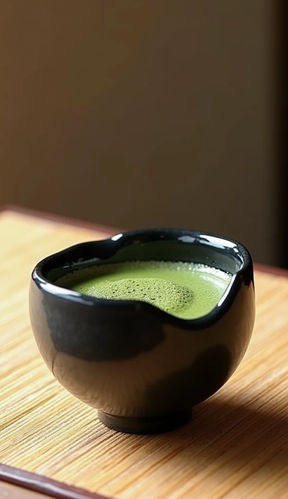black cylindrical chawan, Not uniform from side to side, Not perfect, Emotions are expressed as they are, Formative form, a little frothy maccha tea, tatami, photorealistic, (masterpiece:1.2), best quality, high quality, Highres, (hyper detailed),
