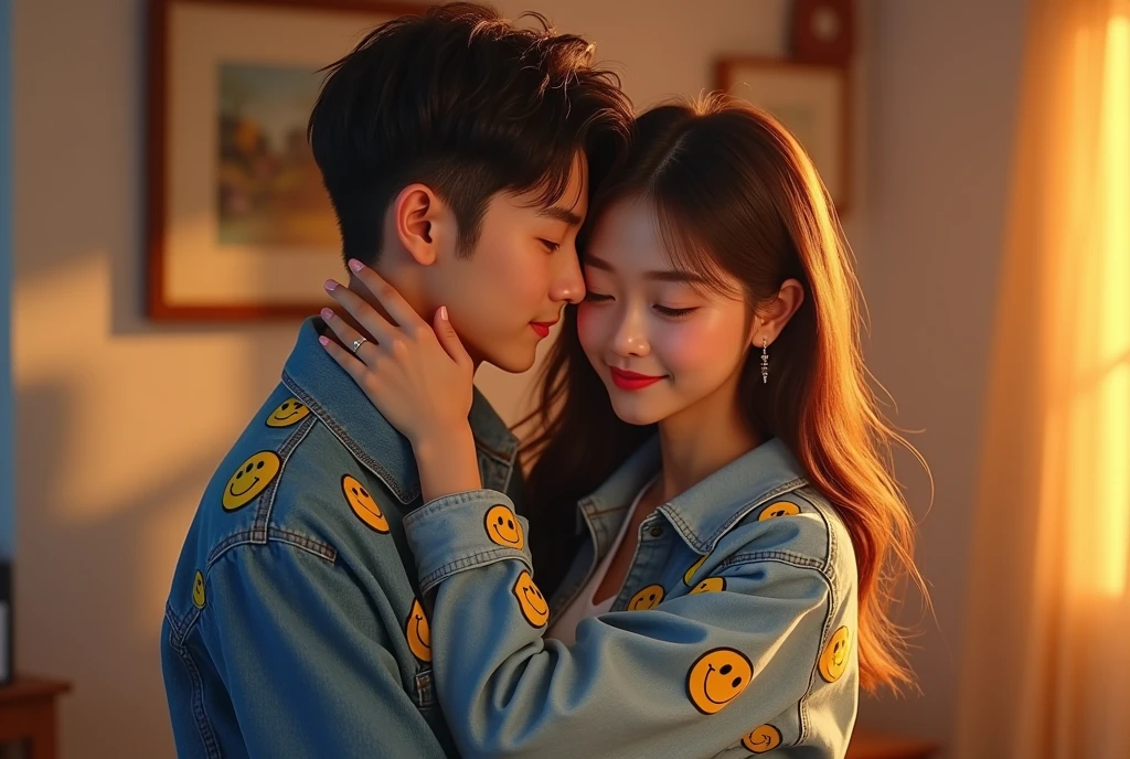 A handsome Korean young man is embracing his beautiful girlfriend in a warm and affectionate hug. The girlfriend has a heart-shaped face with smooth, fair skin that radiates a natural glow. Her almond-shaped, deep brown eyes exude warmth and kindness, framed by well-defined eyebrows with a gentle arch. She has a small, straight nose with a soft, slightly rounded tip, and her full, naturally pink lips are curved in a subtle, inviting smile. Her high cheekbones enhance her refined appearance, and her soft waves of hair gracefully frame her face. She is wearing a trendy smiley face denim outfit—a light-wash denim jacket and jeans with playful smiley face patterns. The overall scene captures their deep connection and affection, with the girlfriend's playful yet elegant style complementing the warm embrace.