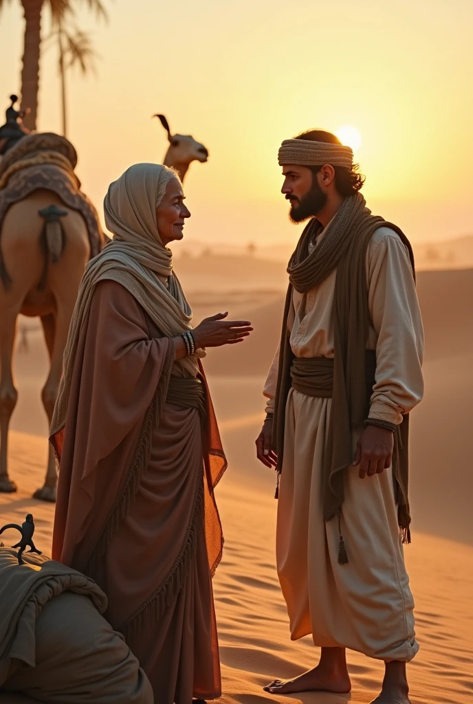 Many people are walking in rows across the Arabian desert. There is an old woman talking to a handsome bearded young man. The young man has a very charming face. Beside them is a heavy bag on the ground.
The position of the old lady will dominate the scene.
They were wearing Arabic clothes.
The sun has risen in the eastern sky and a chill is flying in the sky.
Far behind them were some palm trees and camels, with various putti on their heads and hands. Some camels were with them.