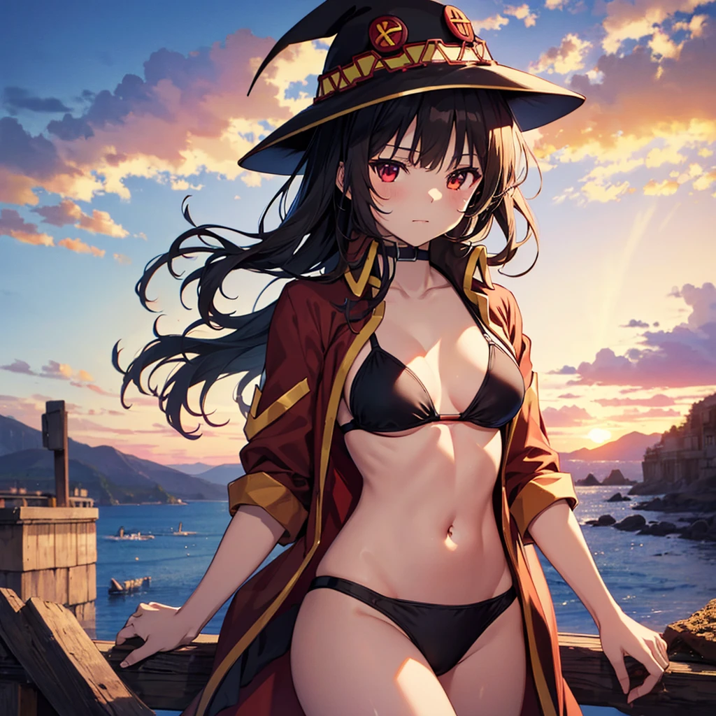 (Megumin), Black bikini swimsuit, (masterpiece), highest quality, 1girl, uhd, retina, masterpiece, ccurate, anatomically correct, textured skin, super detail, high details, high quality, best quality, highres, 4K