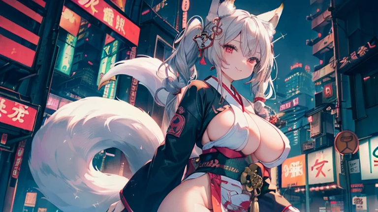nsfw,((1girl)), (wide shot:1.3),(masterpiece, best quality), High resolution, Very detailed,4K,8k, ((Anatomically correct number of limbs),(Anatomically correct number of fingers)), ((seductive smile) ,((fox ears,fox tails),silver hair,Long twin tails,shiny hair:1.3), ((oiran),(Clothes with purple glitter lines)), (heterochromia,(red eye,green eye))), ((big breasts),beautiful breasts,curvy),((Late Night), (Cyberpunk),(japanese shrine),Vibrant neon glow)
