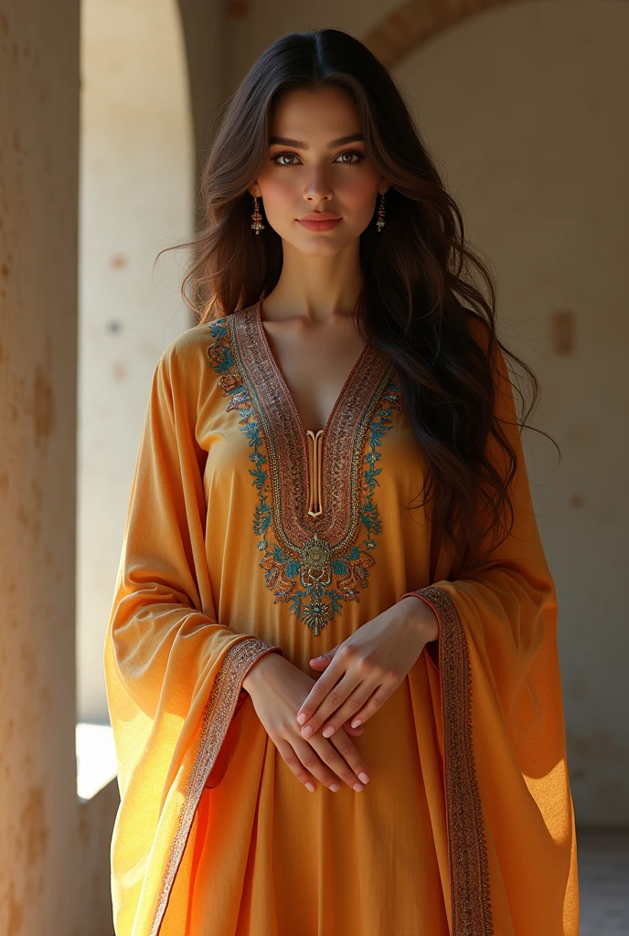 Long brown hairs , slim and healthy figure with 5 feet height she is 20 yearrs old , light brown skin tone , sharp nose  wearing shalwarkameez , she is pakistani and also wore dupatta