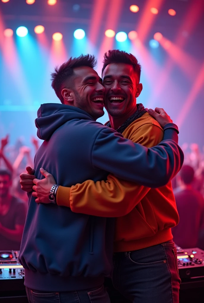 Two male DJ friends hugging each other at a concert seen from the front