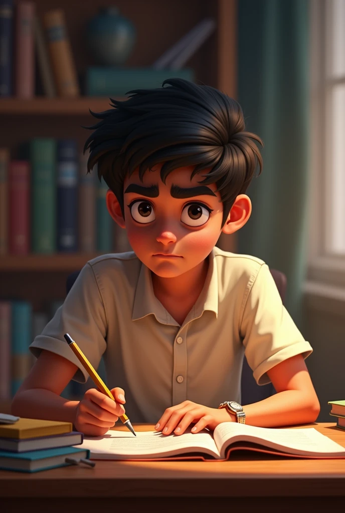 Rajoo studying with the pencil**: Rajoo sitting at a desk with the pencil and books, looking focused.