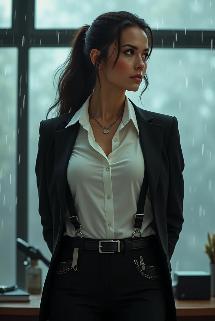 a woman in a suit, belt, hands behind back, sweating, suspenders, black pants, sexly, large breasts, see-through clothing, rain, detective, office worker, white button-up shirt, (best quality,4K,8k,highres,masterpiece:1.2),ultra-detailed,(realistic,photorealistic,photo-realistic:1.37),hyper-detailed,highly detailed face and body, Slender thin suspenders Moderate breasts See-through shirt Nipples holster chain Pistol Armament criminal Female criminal knife