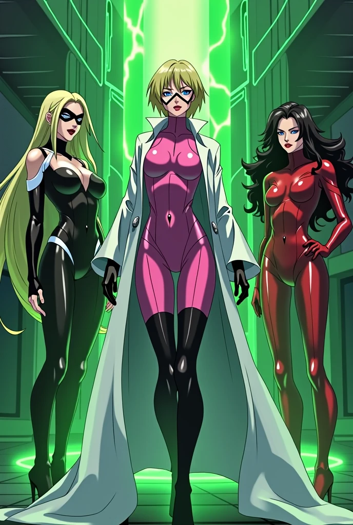 Anime style, team image of a supervillain group. A Sultry and Beautiful young woman with a soul of pure evil and hatred. Short blonde hair that covers her left eye and blue eyed supervillain dressed in a sleek skintight pink bodysuit, long black gloves and black calf high boots. A long white lab coat over her bodysuit competes the look. She is posing and emanating green energy. She has a smile crossing her thin red lips. 2 other women in costumes and an imposing man make up the rest of the team