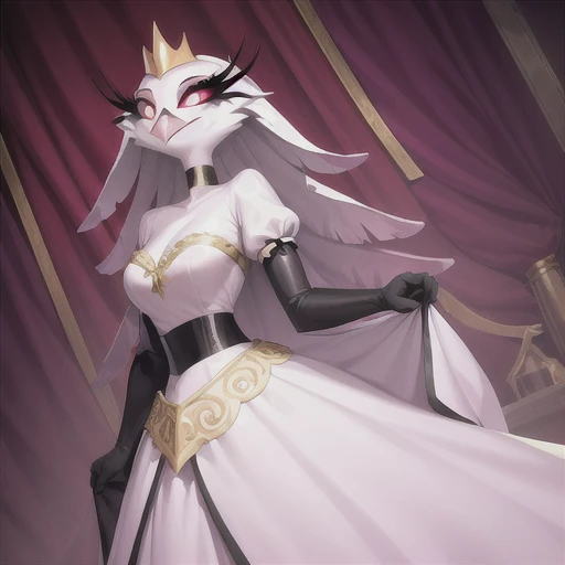 (best quality, masterpiece:1), furry female anthro stella, owl, portrait, stelladress, white dress, black belt, pink beak,  standing, gold crown, looking to the side, closed mouth, smile, wide-eyed, white pupils, elbow gloves, cape, choker, pink gradient dress, (dimly lit fancy formal ball background:1.0), 