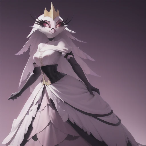 (best quality, masterpiece:1), furry female anthro stella, owl, portrait, stelladress, white dress, black belt, pink beak, standing, gold crown, looking to the side, closed mouth, smile, wide-eyed, white pupils, elbow gloves, cape, choker, pink gradient dress, (dimly lit fancy formal ball background:1.0),