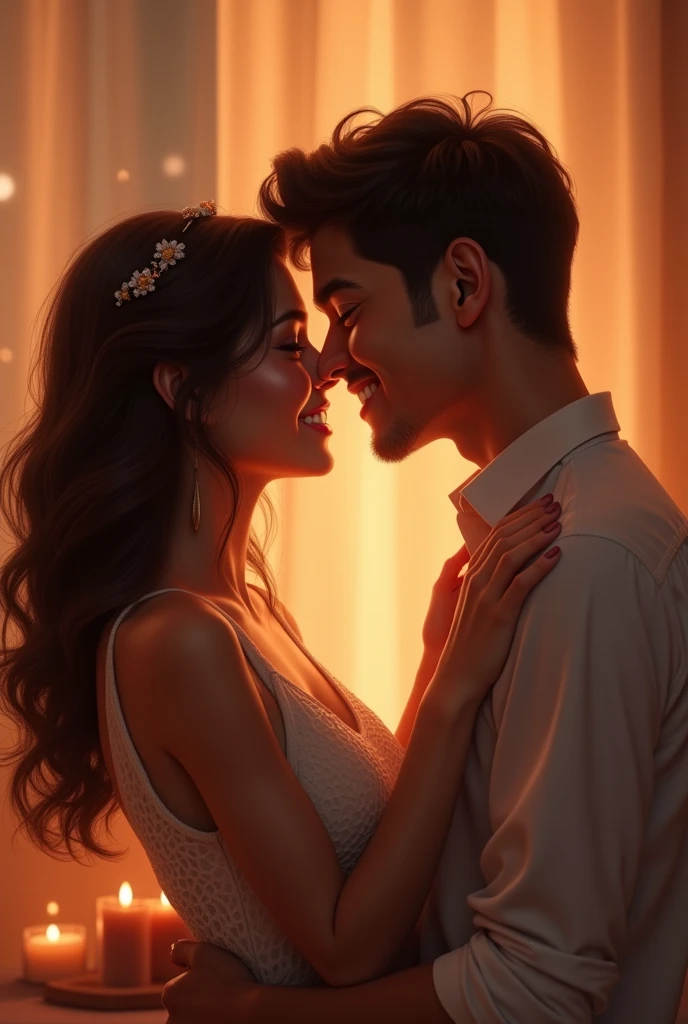 Man speaking sweet words into his beautiful woman's ears as she laughs