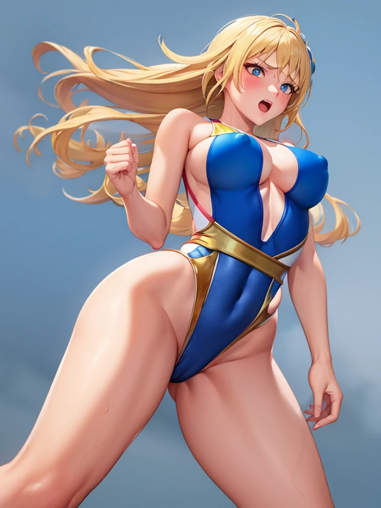 (White background, 1girl:1.4), BREAK,Long blonde hair, blue eyes,Narrow waist,voluptuous Breasts,(one-piece competitive swimwear,one-piece competition swimsuit:1.6), blush,Open your mouth,(covered nipples:1.2)