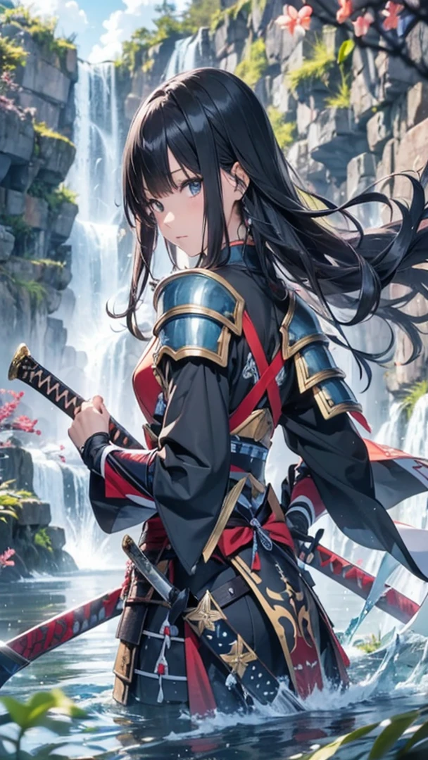 Anime character wearing warrior clothes、滝のそばでswordを持っている。, sword, arms, One Girl, armor, Black Hair, Holding, alone, View your viewers, Shoulder Armor, Outdoor, Japanese armor, water, knife, generally, swordを握る, armsを持っている, sheath, Long Hair, bangs