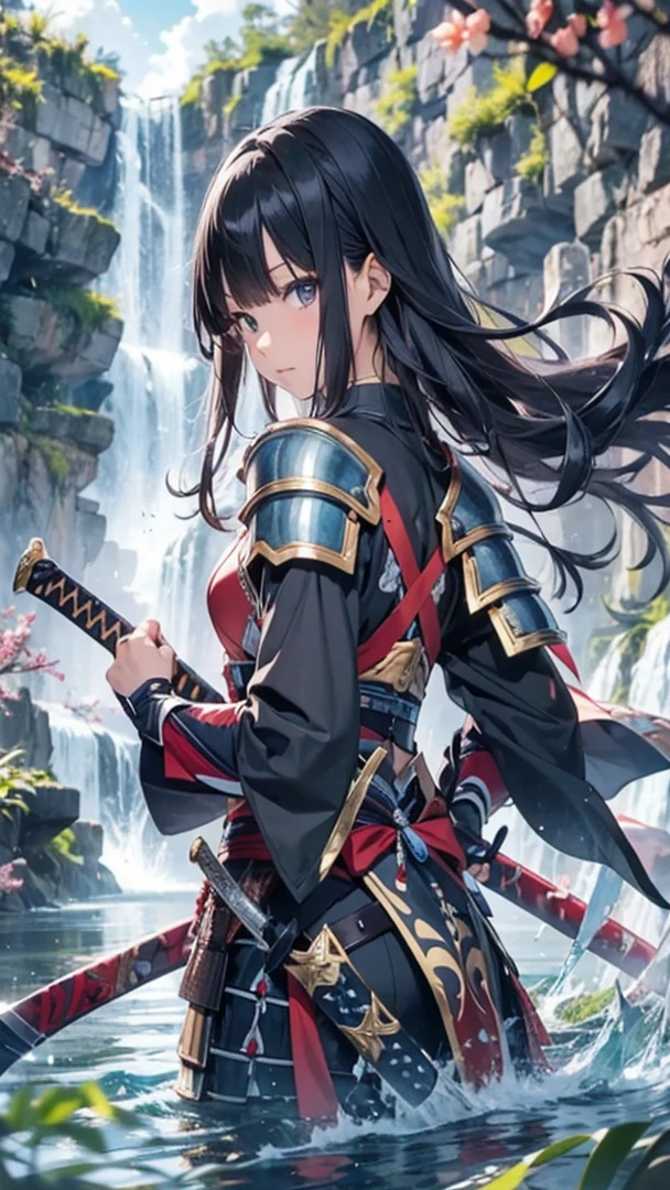 Anime character wearing warrior clothes、滝のそばでswordを持っている。, sword, arms, One Girl, armor, Black Hair, Holding, alone, View your viewers, Shoulder Armor, Outdoor, Japanese armor, water, knife, generally, swordを握る, armsを持っている, sheath, Long Hair, bangs